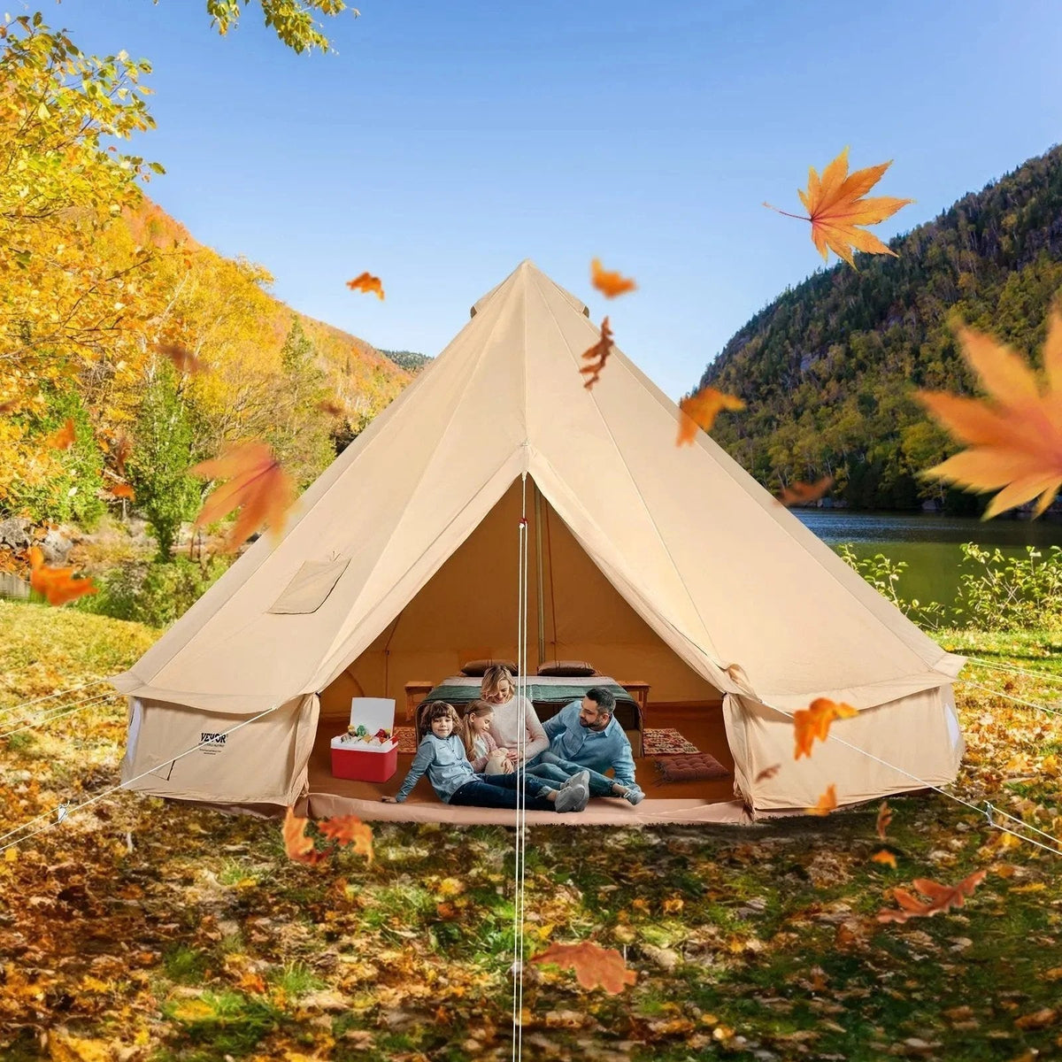 Casavibeo VEVOR Canvas Bell Tent set up outdoors, showcasing its spacious round design and sturdy fabric for camping adventures.