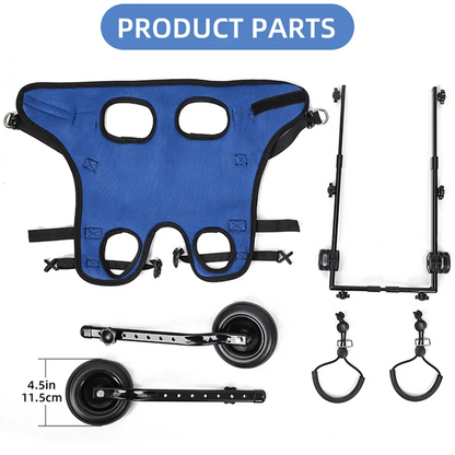 Dog wheelchair with adjustable brackets for hind legs, supporting injured or weak pets during rehabilitation.