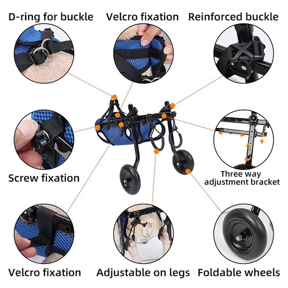 Adjustable dog wheelchair with hind leg support bracket for injured or weak pets, suitable for rehabilitation and mobility aid.