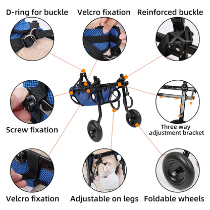 Adjustable dog wheelchair with hind leg support bracket for injured or weak pets, suitable for rehabilitation and mobility aid.