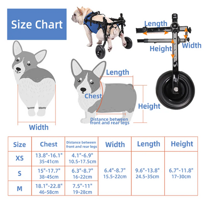 Adjustable dog wheelchair with hind leg support bracket for injured or weak dogs, suitable for rehabilitation and mobility aid.