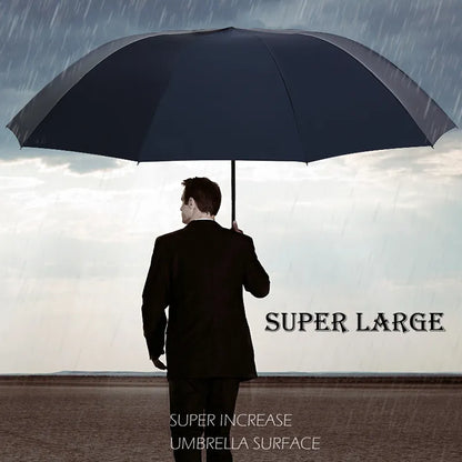 Large Belro folding umbrella open, showcasing its sturdy canopy and compact design, perfect for travel and rainy days.