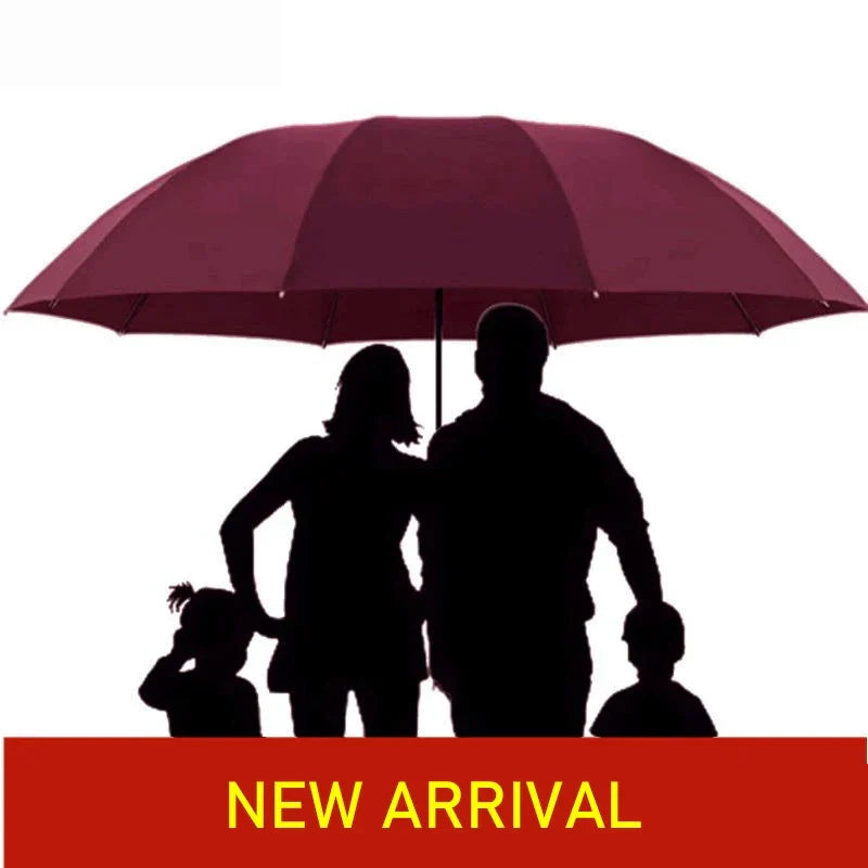 Belro super large folding umbrella open, showing black canopy and sturdy handle, compactly folded for easy carrying.