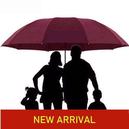 Belro super large folding umbrella open, showing black canopy and sturdy handle, compactly folded for easy carrying.