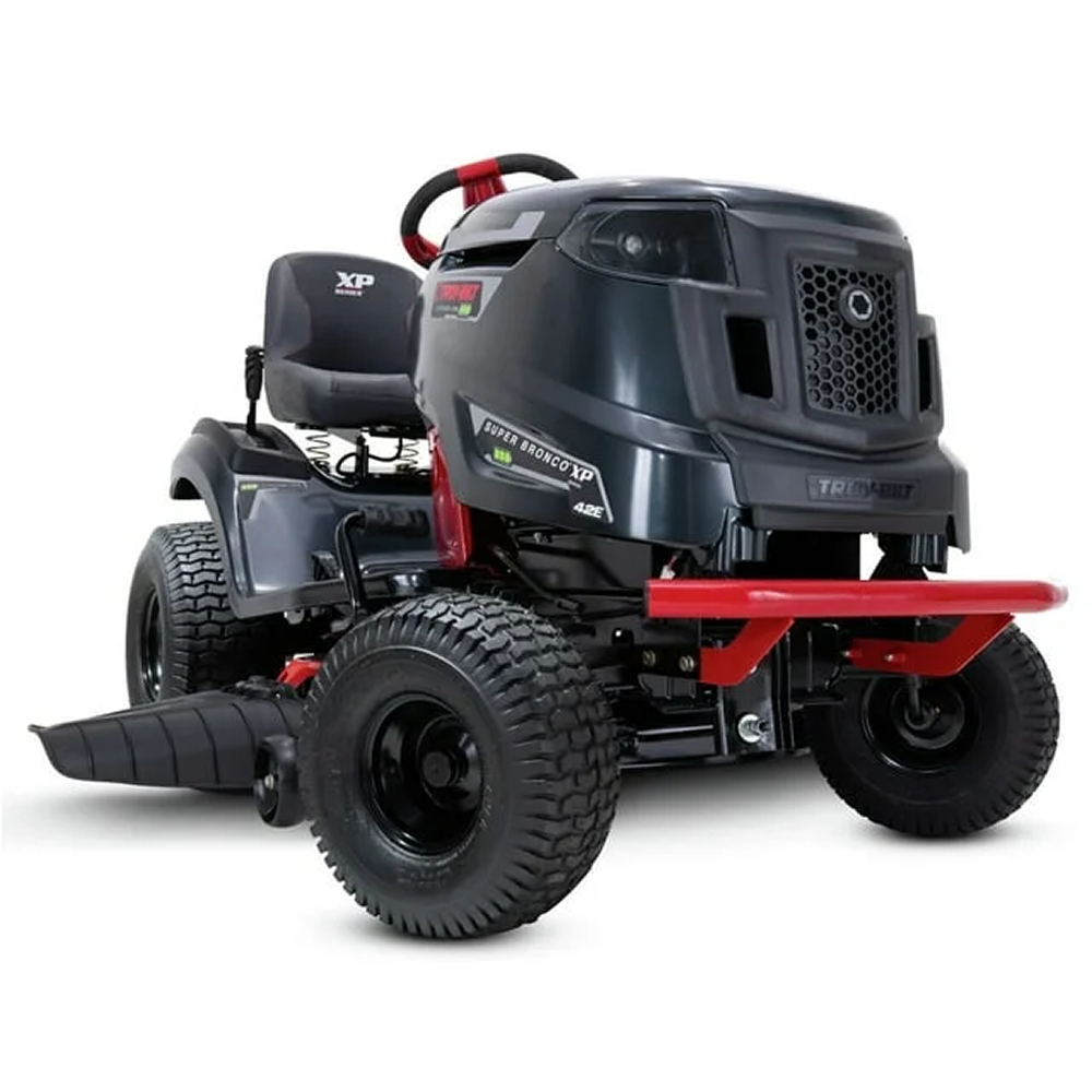 Casavibeo Troy-Bilt Super Bronco 42E XP electric riding lawn tractor with 42-inch cutting deck and 56V lithium-ion battery.