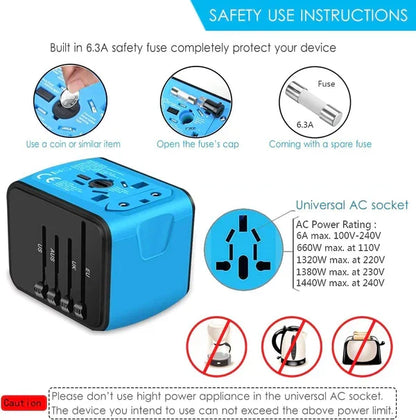 Belro multi-port travel adapter with multiple plug types and USB ports for global electronic device charging.