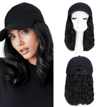 Belro heat resistant synthetic wavy wig extension attached to a baseball cap, stylish hair accessory for versatile fashion looks.