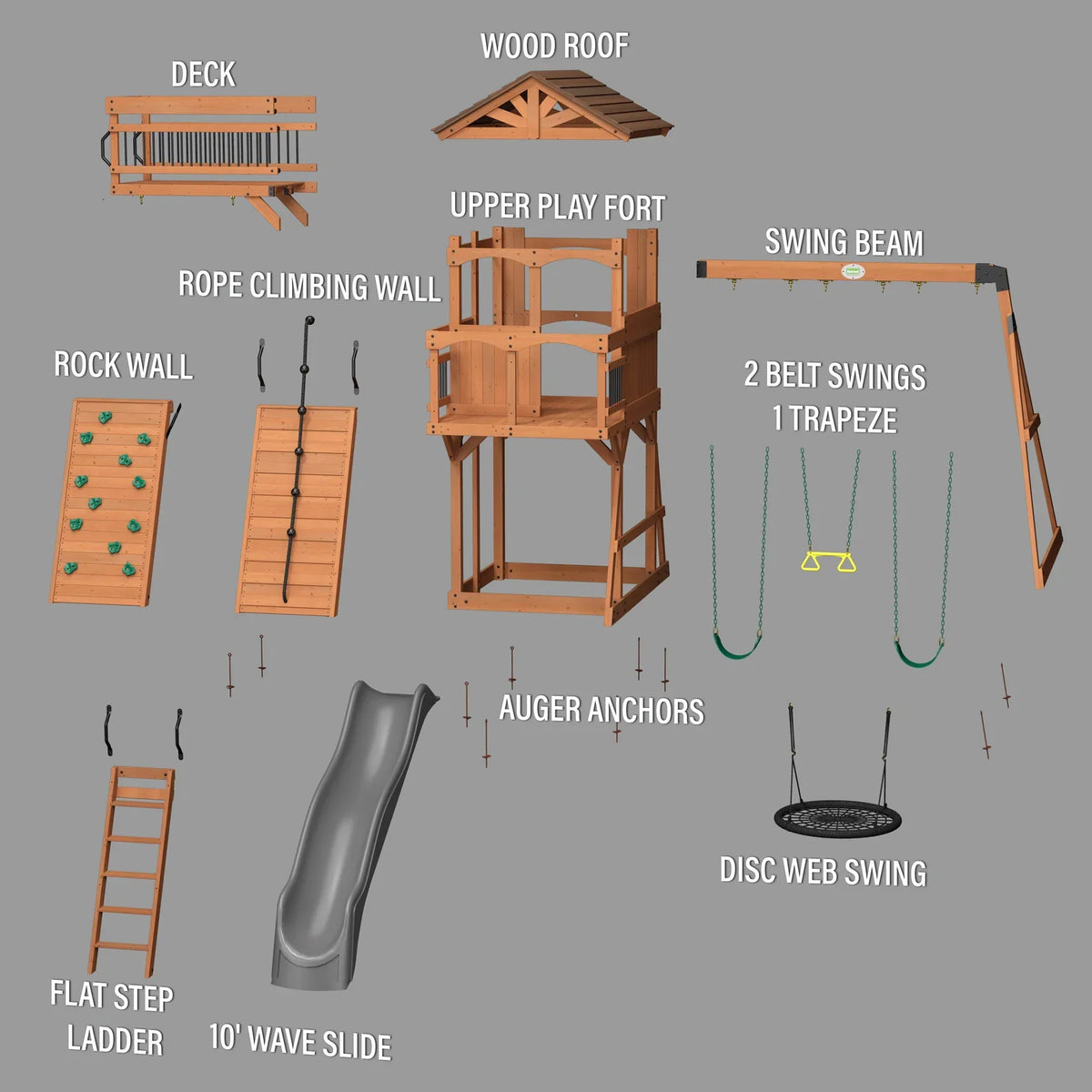 Casavibeo Sterling Point swing set with gray frame, showcasing swings, slides, and climbing features for backyard play.