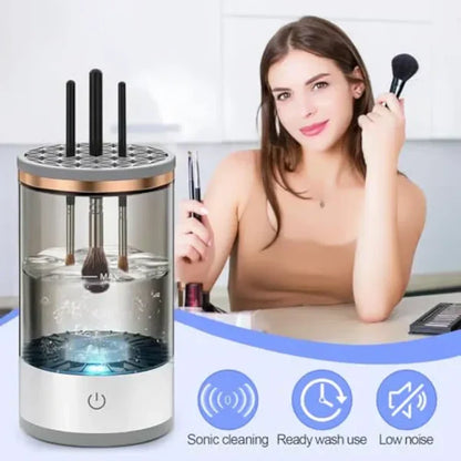 Belro automatic electric makeup brush cleaner on a countertop, showing its compact design and cleaning basin for skin care brushes.