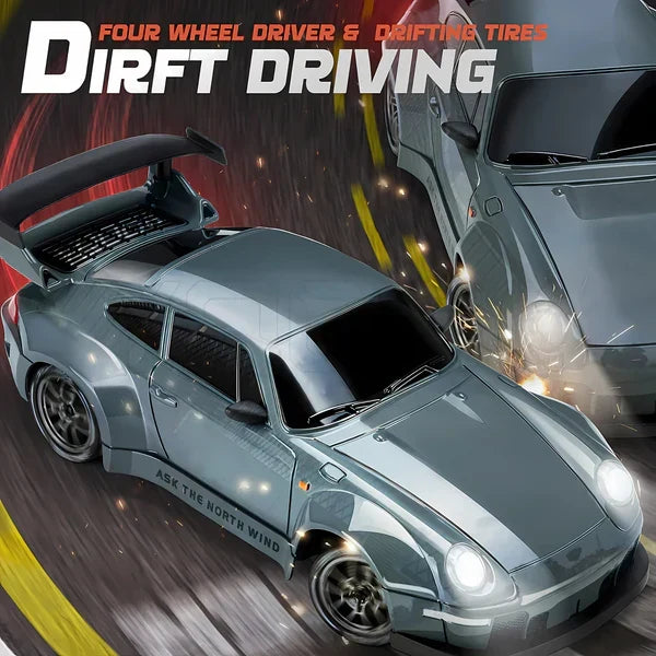 Belro Retro Drift Master 4WD RC Car with LED lights, showcasing its sleek design and vibrant illuminated details.