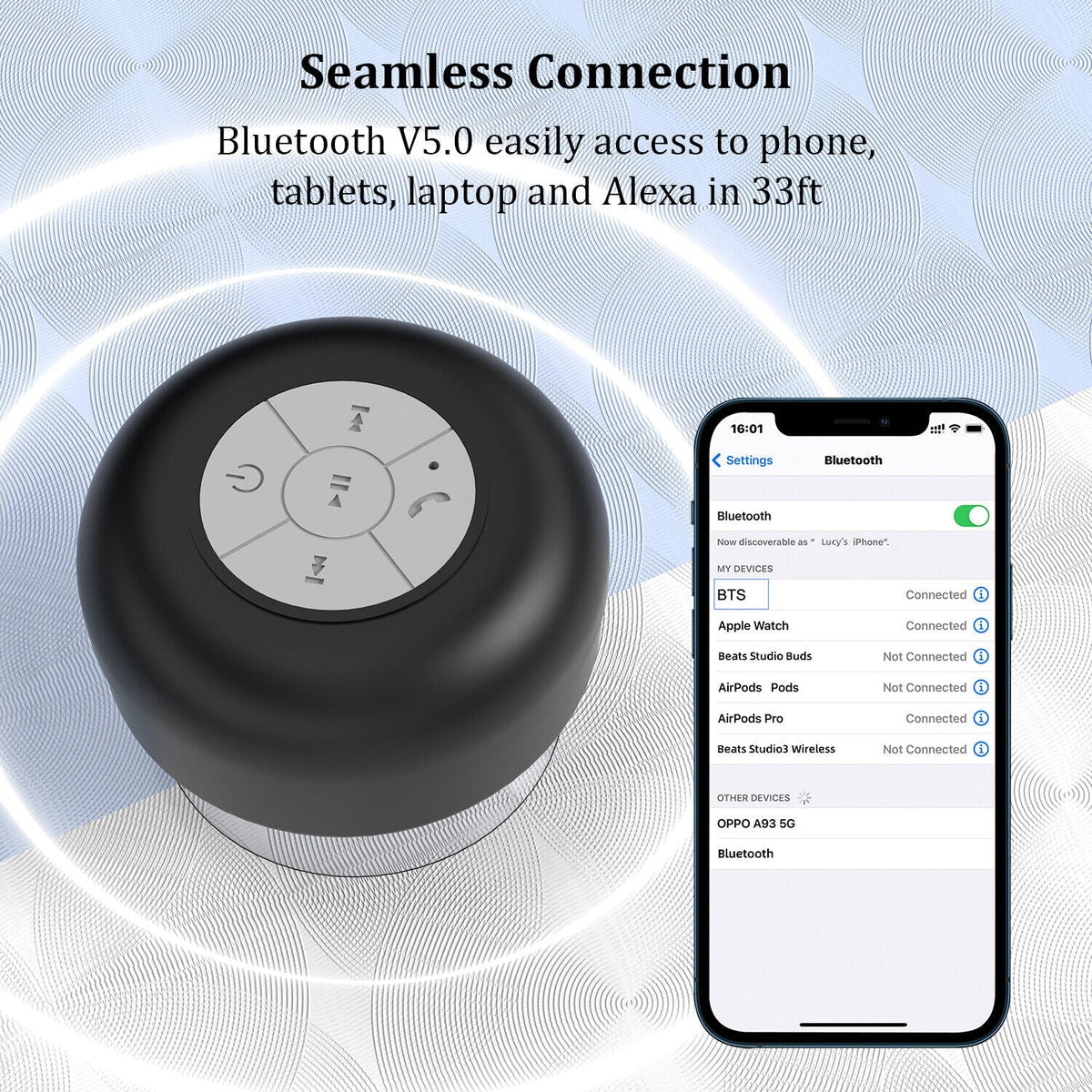 Belro shower speaker attached to bathroom wall, waterproof electronic audio device for hands-free music in the shower.