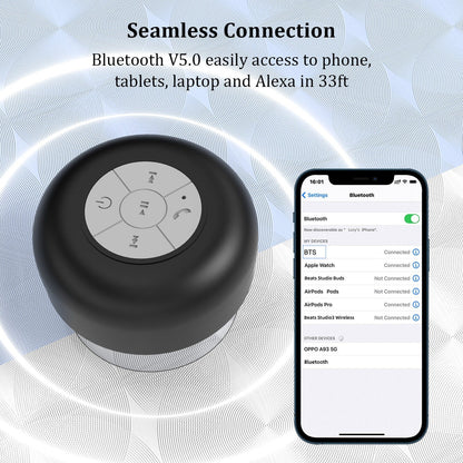 Belro shower speaker attached to bathroom wall, waterproof electronic audio device for hands-free music in the shower.