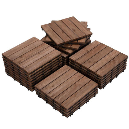 Belro interlocking outdoor patio wood deck tiles arranged in a garden setting, perfect for creating a stylish outdoor flooring area.