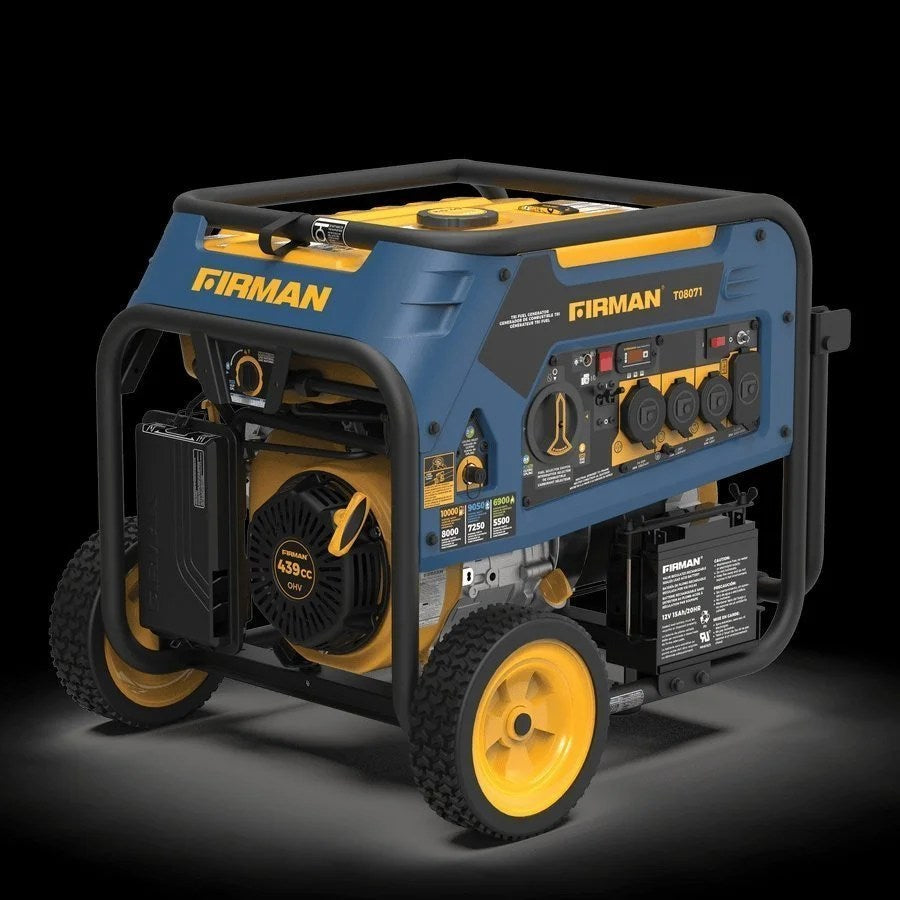Casavibeo 8000W/10,000W tri-fuel generator with electric start, 120V/240V, and wheel kit, showing control panel and fuel ports.