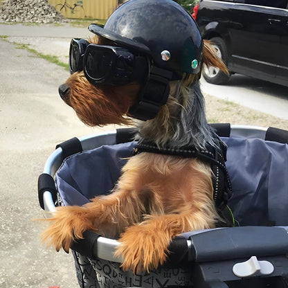 Belro dog motorcycle helmet with goggles, designed for pets, featuring a sleek helmet and protective goggles for riding safety.