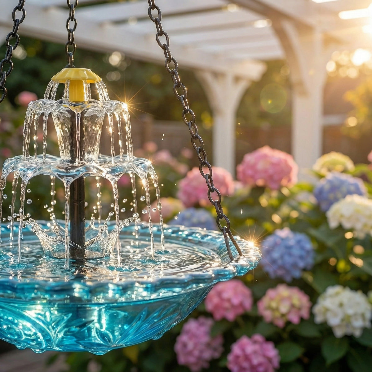 Mivoza solar bird bath fountain with two-tier garden water feature, no power needed, showing water flowing in a decorative garden bird bath