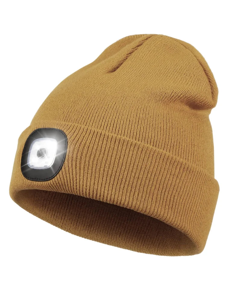 Belro LED Beanie Light with built-in flashlight, black knit beanie with LED illumination for hands-free lighting.