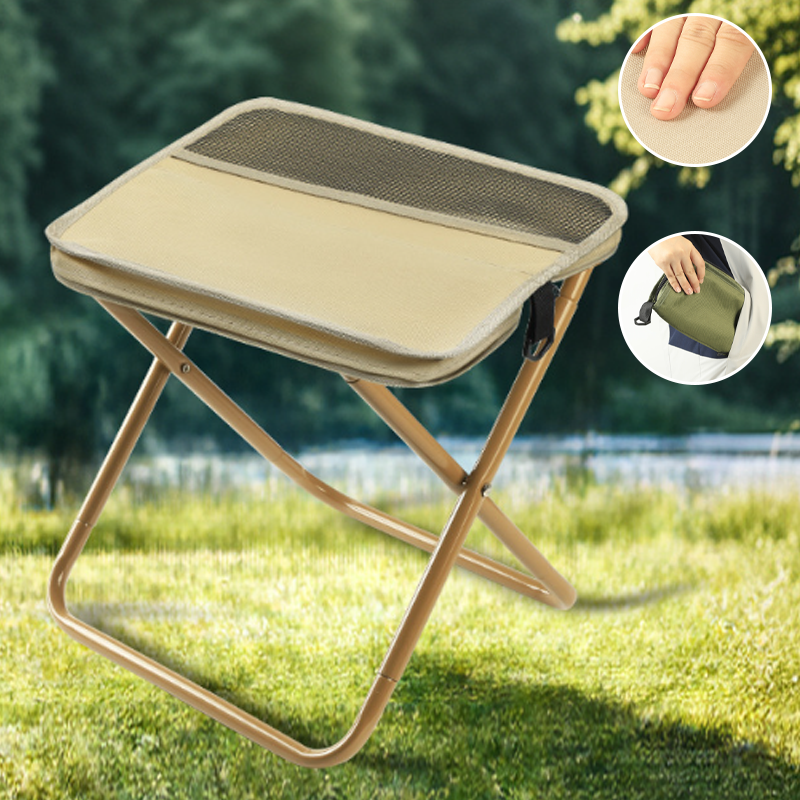 Lightweight foldable Backpack Stool by BowLift, portable seat for hiking and camping, shown in compact folded position.