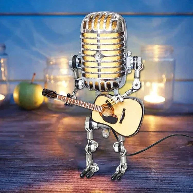 Vintage Belro metal microphone robot with guitar lamp, decorative electronic microphone figure with musical instrument features.