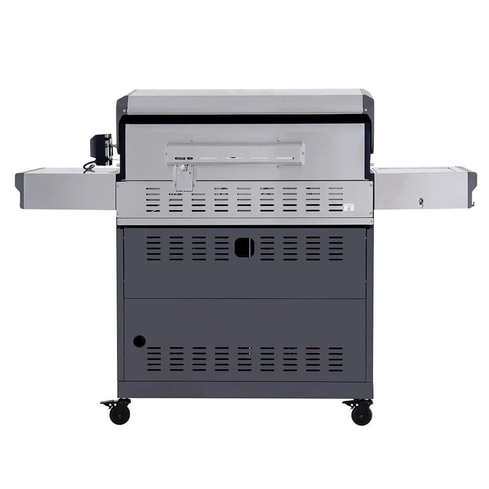 Casavibeo Monument Grills Eminence 605 stainless gas grill with multiple burners and lid, designed for natural and propane gas cooking.