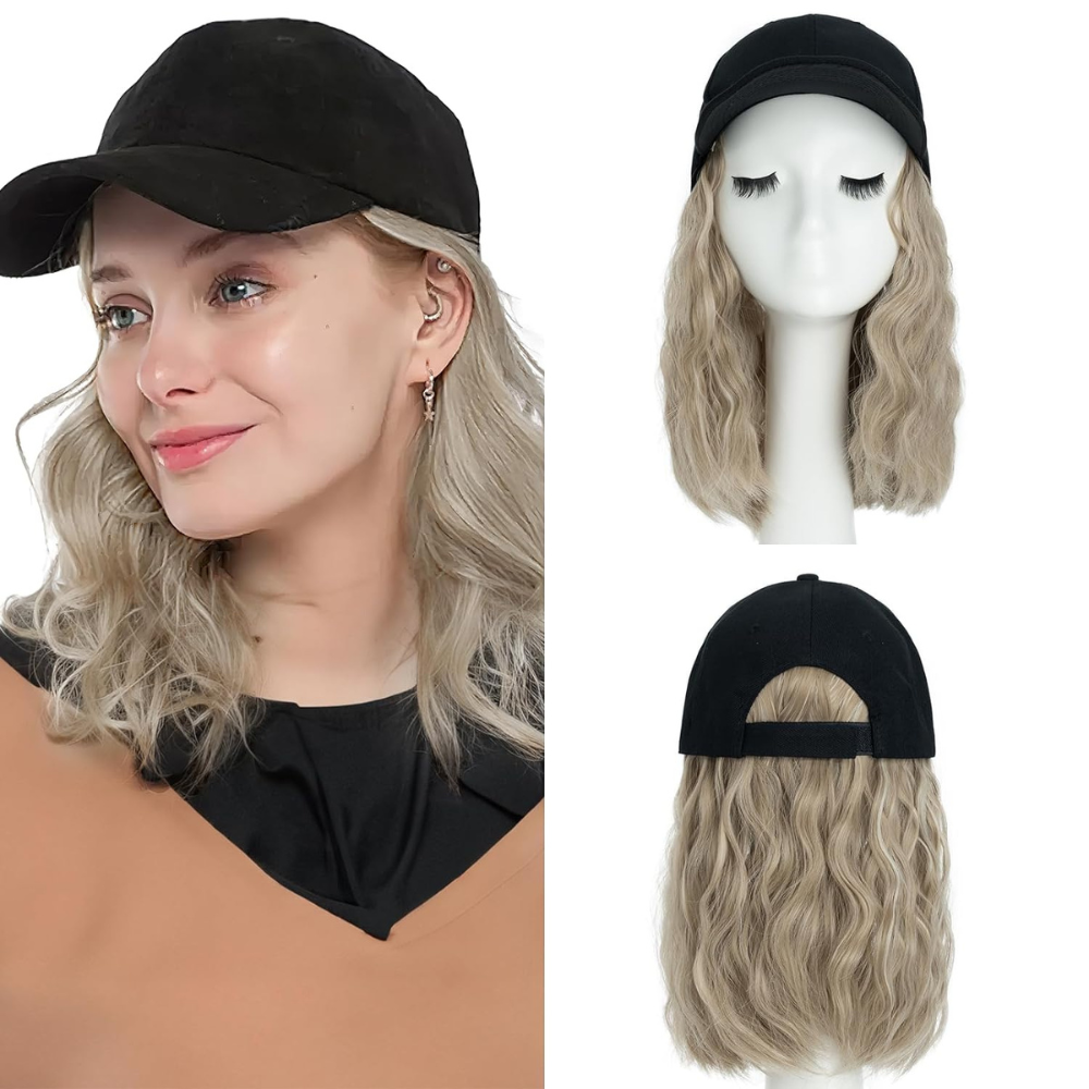 Belro heat resistant synthetic wavy wig extension attached to a baseball cap, stylish hair accessory for versatile looks.