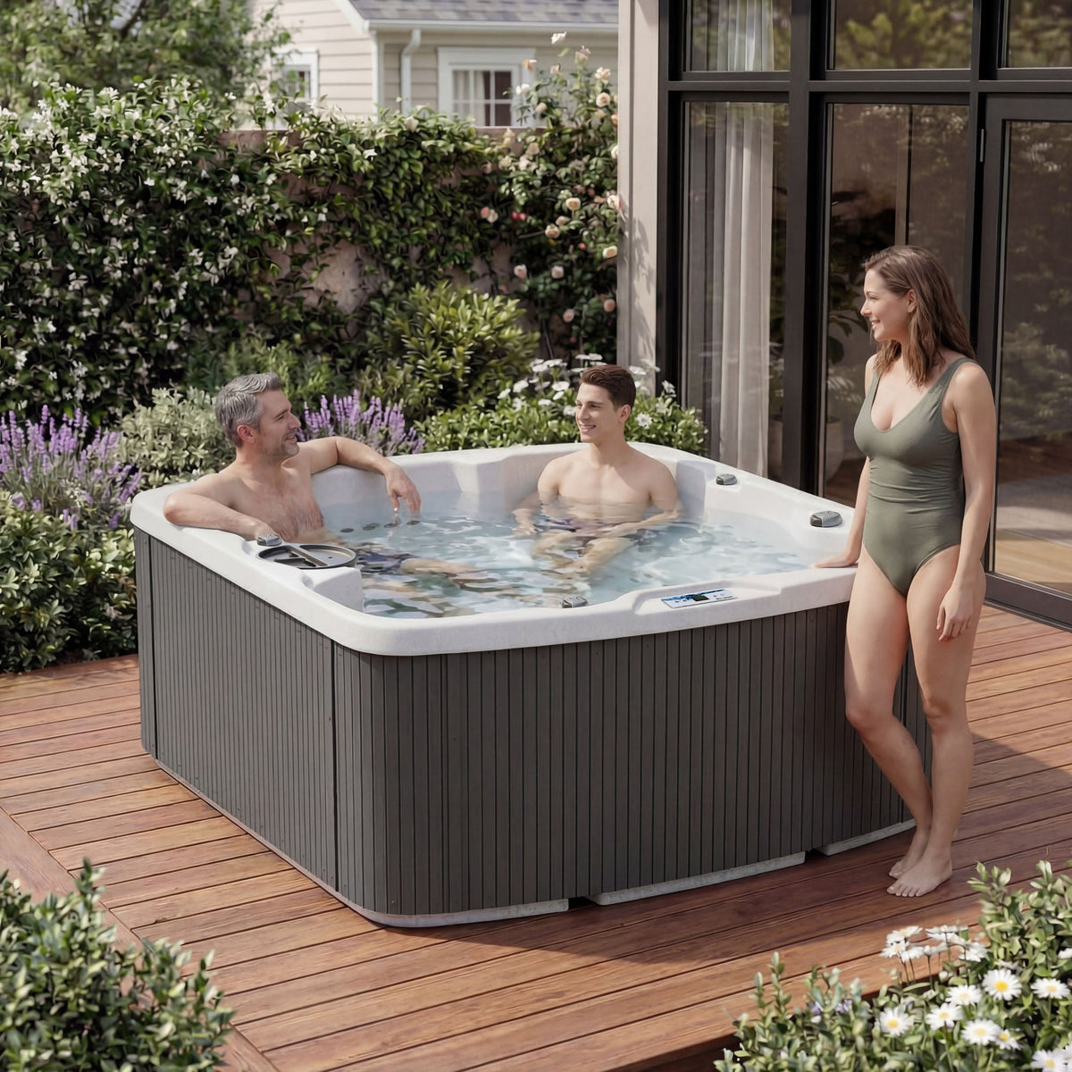 Casavibeo Lifesmart Leganza 6-person spa with 90 jets, lounge seating, in coastal gray, featuring people relaxing in a backyard setting.