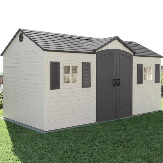 Casavibeo Lifetime garden storage shed, 15′ x 8′, with durable construction, double doors, and a spacious interior for outdoor storage.