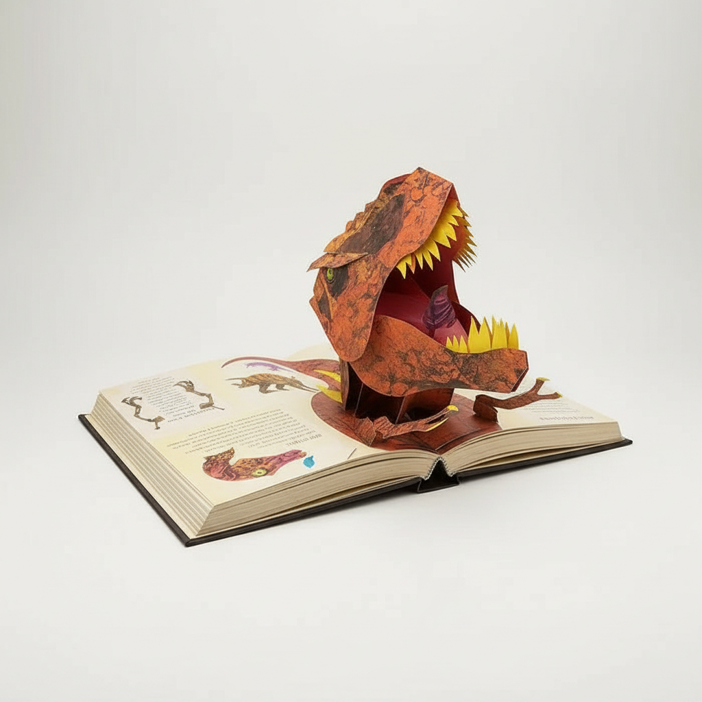 Colorful 3D pop-up dinosaur book by BowLift featuring interactive prehistoric scenes for kids and adults.