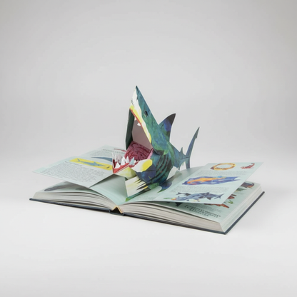 Colorful 3D pop-up dinosaur book by BowLift featuring a detailed shark illustration for kids and adults.