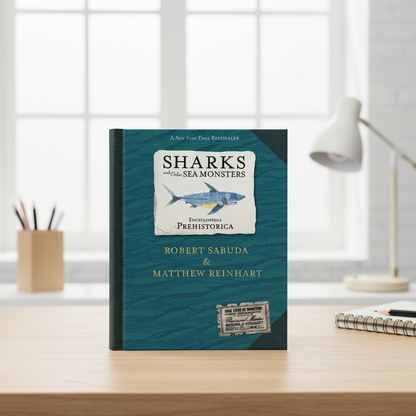 Close-up of the BowLift 3D Pop-Up Dinosaur Book with a colorful shark illustration on the page, designed for kids and adults.