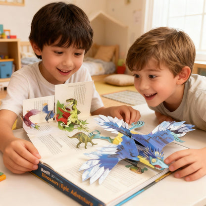 Interactive 3D pop-up dinosaur book by BowLift with colorful prehistoric dinosaur illustrations for kids and adults.