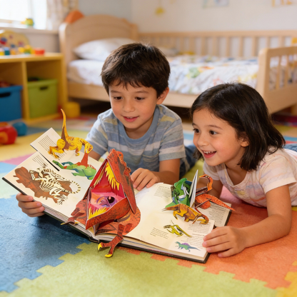 Colorful 3D pop-up dinosaur book by BowLift featuring interactive prehistoric scenes for kids and adults.