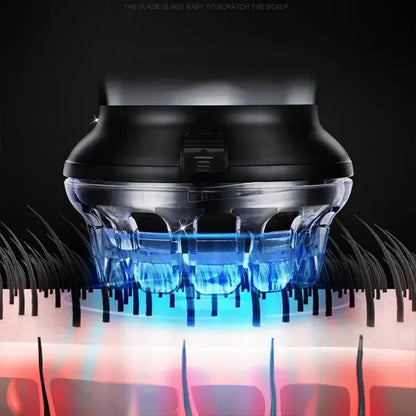 BowLift cordless hair clipper with T-blade, rechargeable grooming tool, showing close-up of the sleek black and silver design.