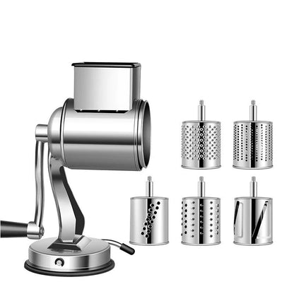Belro multi-functional kitchen rotary food grater and shredder with stainless steel blades for slicing and grating vegetables.