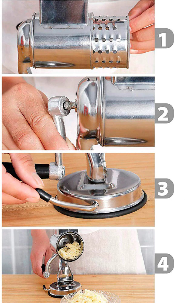 Belro multi-functional kitchen rotary food grater, shredder, and slicer with multiple blades for efficient food prep in the kitchen.