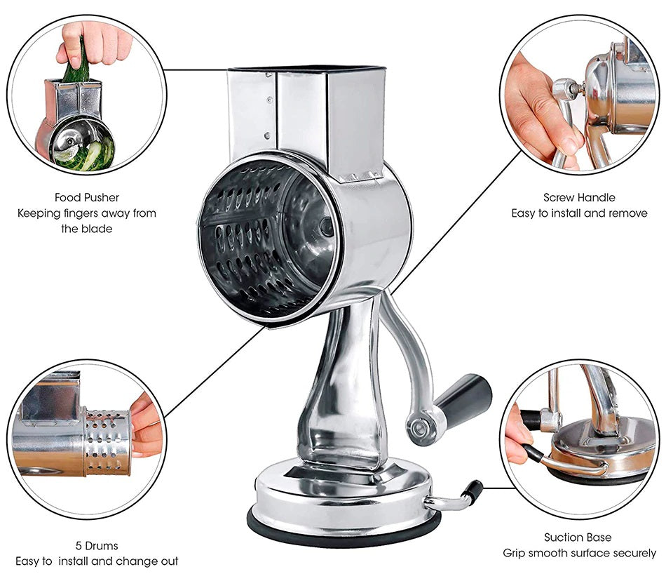 Belro multi-functional kitchen rotary food grater, shredder, and slicer with stainless steel components and ergonomic handle.