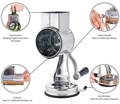 Belro multi-functional kitchen rotary food grater, shredder, and slicer with stainless steel components and ergonomic handle.