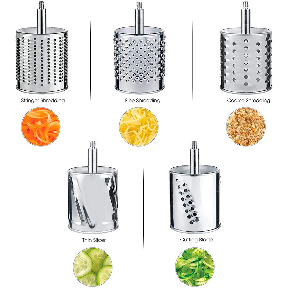 Belro multi-functional kitchen rotary food grater, shredder, and slicer with stainless steel blades on a kitchen countertop.