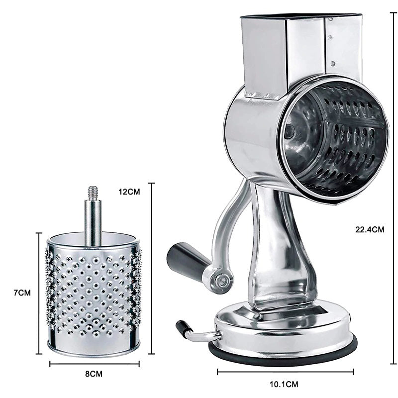 Belro multi-functional kitchen rotary food grater and slicer with stainless steel blades for shredding and slicing vegetables.