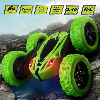Belro High-Impact RC Stunt Car speeding on a track, showcasing durable automotive design and vibrant colors.