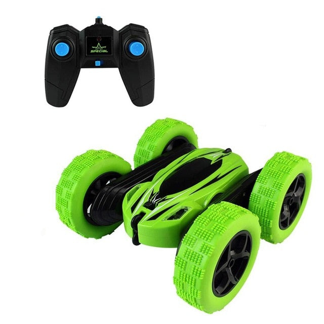 Belro High-Impact RC Stunt Car performing flips on a track, showcasing its durability and vibrant design.
