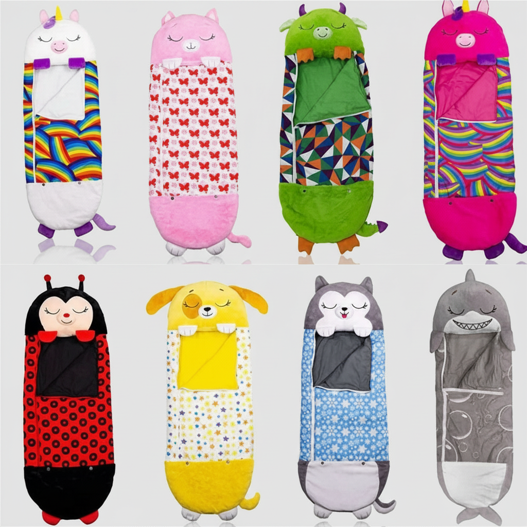 Colorful kids' foldable sleeping bag by BowLift featuring an cute animal shape, portable design, and washable fabric.