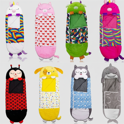 Colorful kids' foldable sleeping bag by BowLift featuring an cute animal shape, portable design, and washable fabric.