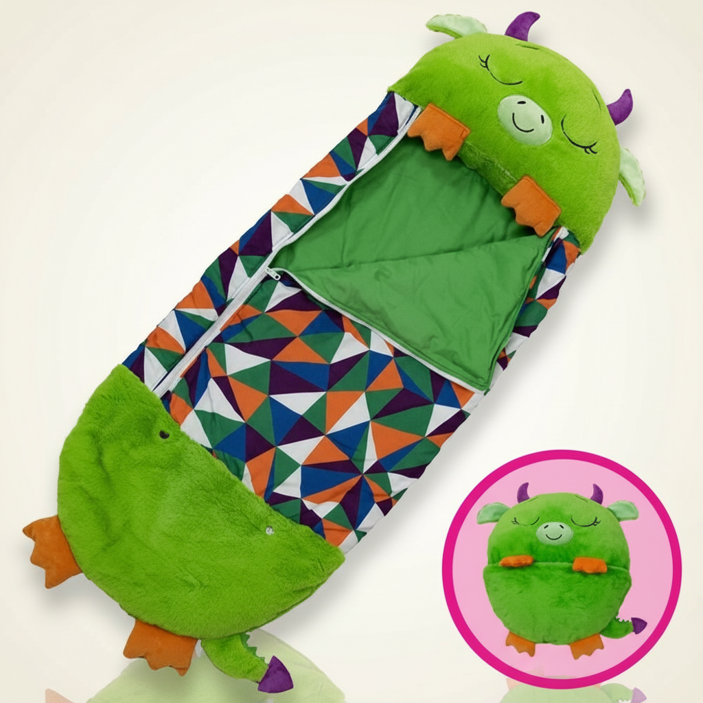 Kids' foldable sleeping bag by BowLift featuring a cute cow animal shape, portable, washable, and suitable for children.