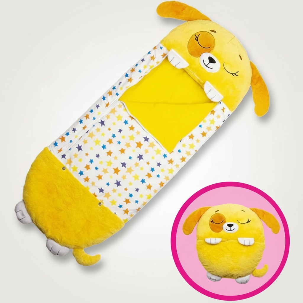 Kids' foldable sleeping bag with a cute dog shape by BowLift, portable, washable, and suitable for children.
