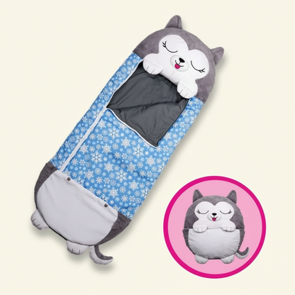 Kids' foldable sleeping bag by BowLift in husky animal shape, portable, washable, perfect for children’s sleepovers and camping.