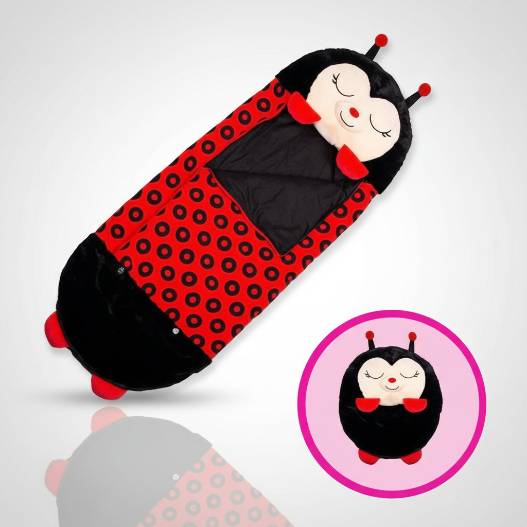 Kids' BowLift Snoozi animal-shaped foldable sleeping bag featuring a ladybug design, portable and washable for outdoor use.