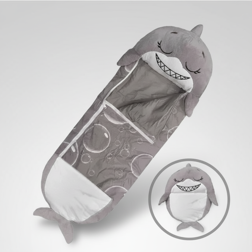 Kids' foldable sleeping bag by BowLift, shark-shaped animal design, portable, washable, ideal for sleepovers and travel.
