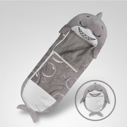 Kids' foldable sleeping bag by BowLift, shark-shaped animal design, portable, washable, ideal for sleepovers and travel.