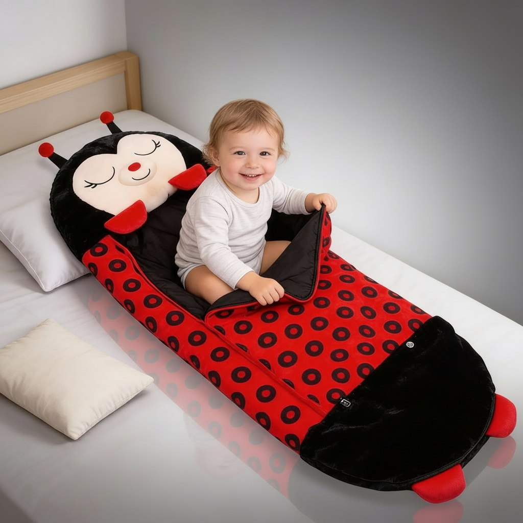 Kids' foldable sleeping bag by BowLift in animal shape, portable and washable, shown in a compact, colorful design perfect for children.